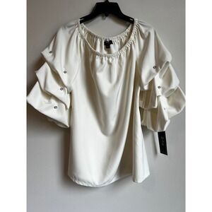 MSK Women Ivory Off Shoulder Ruffled Sleeve Rhinestone Detail Top‎ Size L NWT
